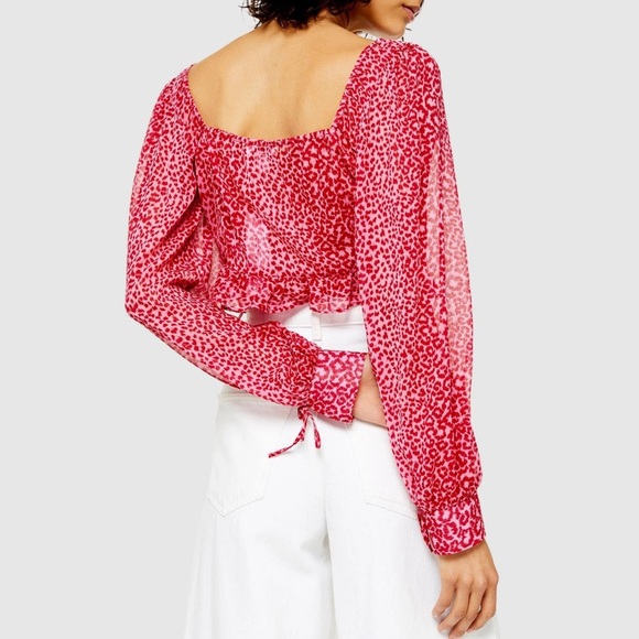 NWOT Topshop Red/Pink Leopard Prairie Cropped Blouse Size US 10 - Picture 2 of 8